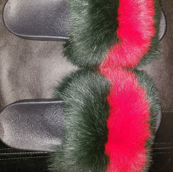 -Handmade Green Red Luxury Fox Fur Fluffy Slide - Picture 4 of 8